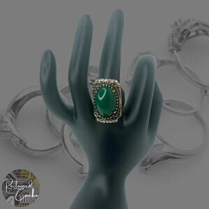 Gold and Green Rhinestone Statement Ring - Size 8